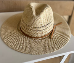 Beige CC Brand Sun Hat w/Brown Band, Adjustable Fit & UV Protection