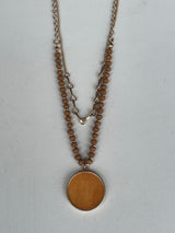 Brown Circle Pendant & Beaded Reversible Layered Gold Chain Necklace