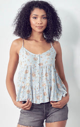 Sky Blue Floral Print Tiered Flowy Tank w/Adjustable Straps