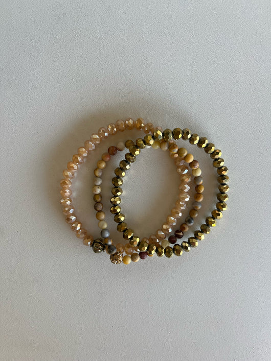 Neutral & Gold Set of 3 Handmade Beaded Bracelets