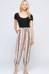 Black & Coral Patchwork Jogger Pants W/Drawstring Waist Tie & Pockets