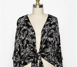 Black & White Leaf Print Kimono Top with 3/4 Sleeve & Front Tie