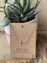 Gold Rhinestone Sideways Cross Necklace