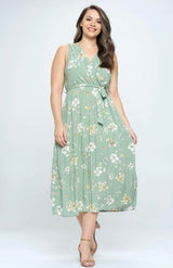 Light Olive Green Floral Print Plus Size Woven Dress w/Wrap Top & Tie Belt