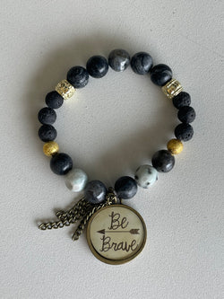 Be Brave Charm Black & Gold Handmade Beaded Bracelet