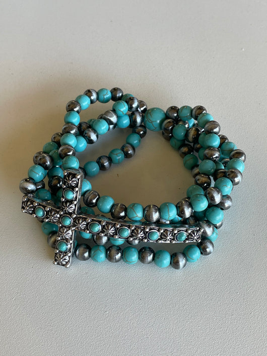 Silver & Turquoise Stretch Beaded Bracelets w/Cross