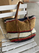 Natural, Red & Navy Stripe Straw Beach Bag w/Brown Straps & Zipper Closure