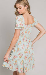 Seafoam Sweetheart Neck Puff Sleeve Pink Floral Mini Dress