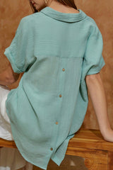 Light Teal Short Sleeve High Low Top w/Buttons on Back