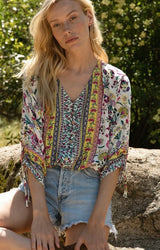 Vibrant Floral Print Boho V-Neck Blouse w/Tie 3/4 Sleeves