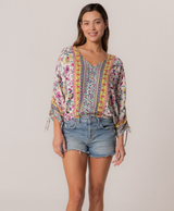 Vibrant Floral Print Boho V-Neck Blouse w/Tie 3/4 Sleeves