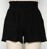 Black Ruched Elastic Waistband Shorts w\Pockets