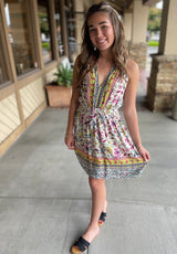 Vibrant Floral Boho Print Mini Tank Dress w/Smocked Waist & Front Tie by Lovestitch