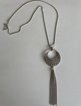 Long Silver Necklace w/Boho Round Pendant & Tassel Chains