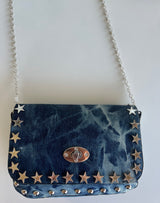 Blue Denim Wash W/Silver Star Detail Chain Crossbody Purse