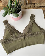 Olive Green Ribbed Bralette w/Lace Trim & Removable Padding