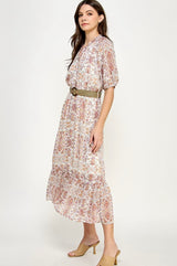 Paisley Cream & Lavender Maxi Dress w/Woven Belt