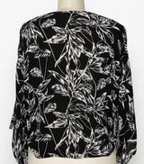 Black & White Leaf Print Kimono Top with 3/4 Sleeve & Front Tie