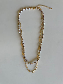 Earth Tone Beads & Gold Chain Layered Necklace