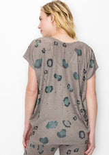 Leopard Print Taupe Short Sleeve V-Neck Top