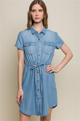 Medium Wash Denim 100% Tencel Shirt Dress w/Tie Waist