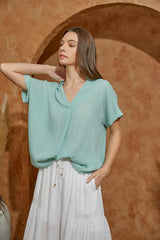 Light Teal Short Sleeve High Low Top w/Buttons on Back