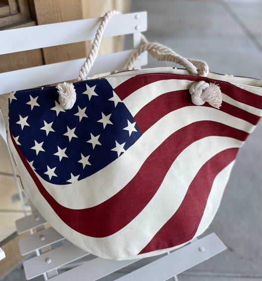 American Flag Tote Bag w/Rope Straps & Zipper Closure