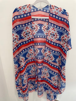 Aztec Red, White & Blue Stars & Stripes Sheer OS Kimono