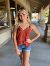 Rust Lace Silk Shadow Stripe Cami Top w/Adjustable Straps