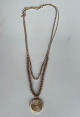 Brown Circle Pendant & Beaded Reversible Layered Gold Chain Necklace
