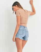 Light Denim Mid Rise Fray Edge Everyday Shorts by Just USA