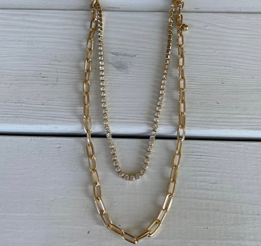 2 Layer Gold Chain & Clear Rhinestone Necklace