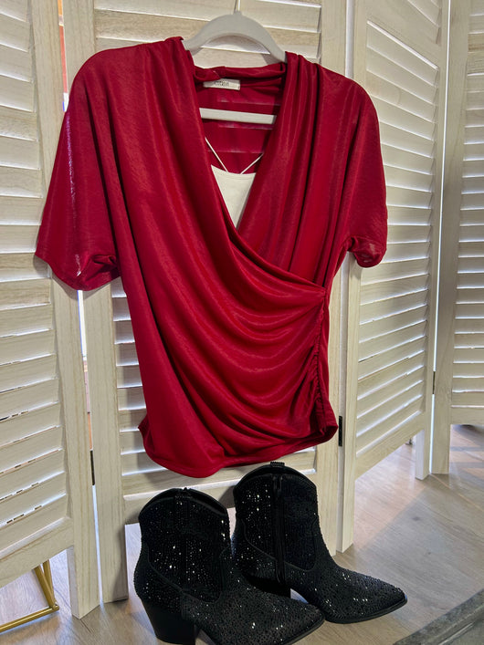 Cherry Red Short Sleeve Wrap Blouse
