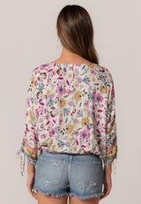 Vibrant Floral Print Boho V-Neck Blouse w/Tie 3/4 Sleeves