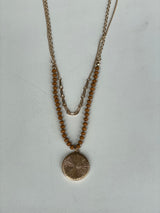Brown Circle Pendant & Beaded Reversible Layered Gold Chain Necklace