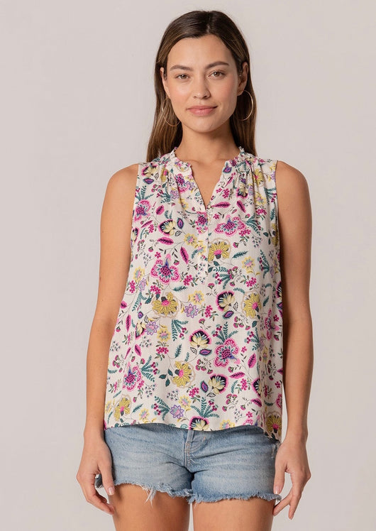 Vibrant Floral Print Tank Top w/Ruched Collar & Buttons by Lovestitch