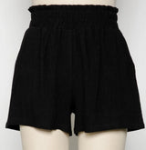 Black Ruched Elastic Waistband Shorts w\Pockets
