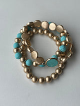 Turquoise & Gold Mixed Beaded Set of 3 Stretch Bracelets