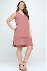 Rose Pink Flowy Summer Plus Size Dress w/Pockets and Ruffle Hem
