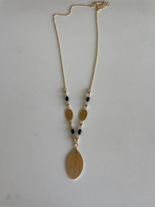 Long Gold Necklace w/Oval Gold Plates and Black Wood Beads