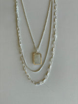 Silver Mixed Chains Layered Necklace w/Mother of Pearl Rectangle Stone Pendant