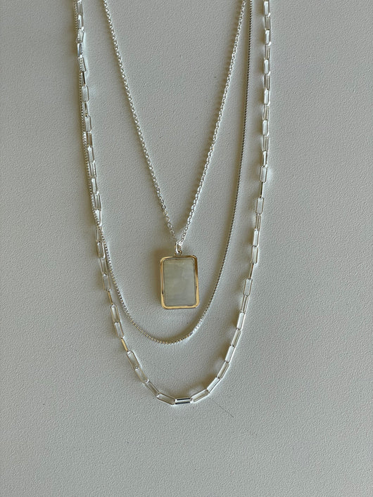 Silver Mixed Chains Layered Necklace w/Mother of Pearl Rectangle Stone Pendant
