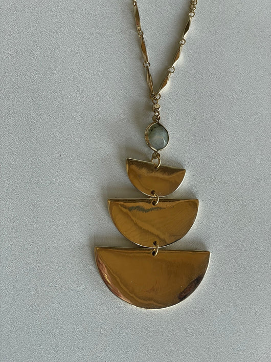 Long Gold Necklace w/Half Circles & Stone