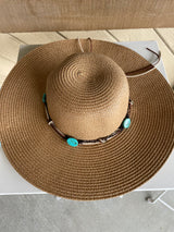 Tan Sun Hat w/Turquoise Beads, Chain & Rope Band and Adjustable Fit