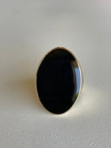 Gold Ring w/Large Oval Black Stone -Size 7