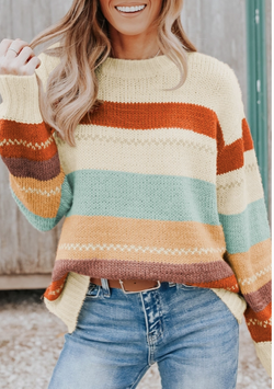 Natural, Blue & Rust Colorblock Stripe Crew Neck Sweater