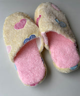 Heart Fluffy Ivory & Pink Slippers w/Non Slip Grip Soles