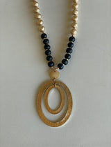 Satin Black & Gold Beaded Long Necklace w/Oval Pendant