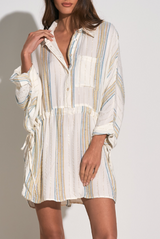 White & Aqua Stripe Tunic Dress w/Tie Cinched Waist & Pockets