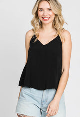 Black Pre-Washed Challis V-Neck Double Layered Cami Top